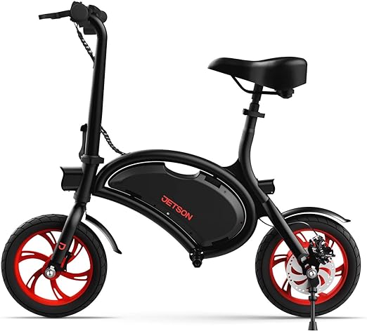 a black bike with red wheels